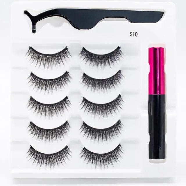 5 Pairs/Set Magnetic Eyelashes. False Lashes for Repeated Use and liquid Eyeliner With Tweezer Makeup Set.