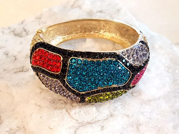 Austrian Crystal Multi Color Gold Hinged Bangle Bracelet