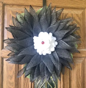 Black White Mesh Flower Wreath for Front Door with Ladybug