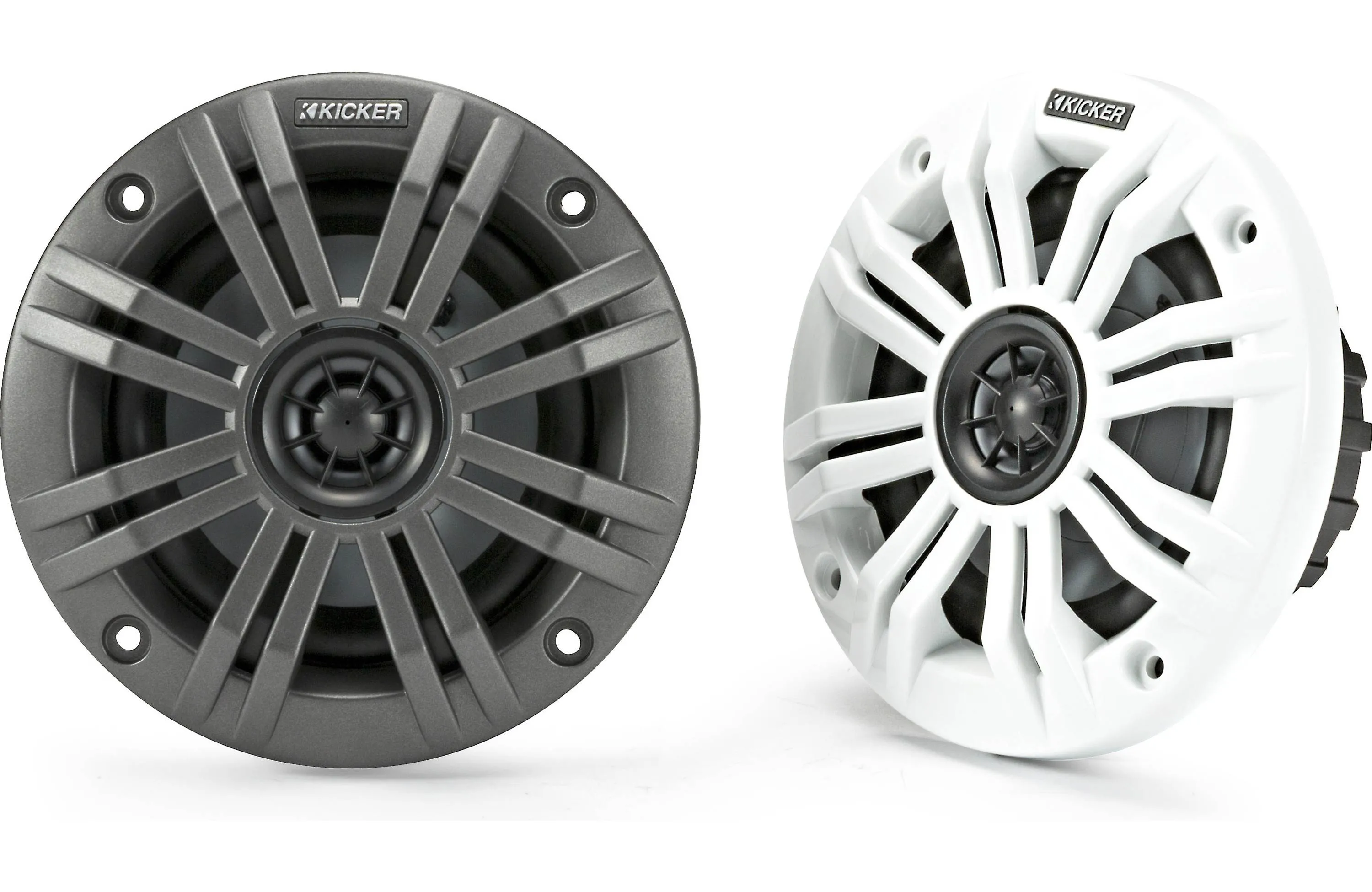 Kicker 45KM44 Universal Weatherproof Coaxial 4" 4-Ohm Audio Speakers with Charcoal and White Grilles (Pair)