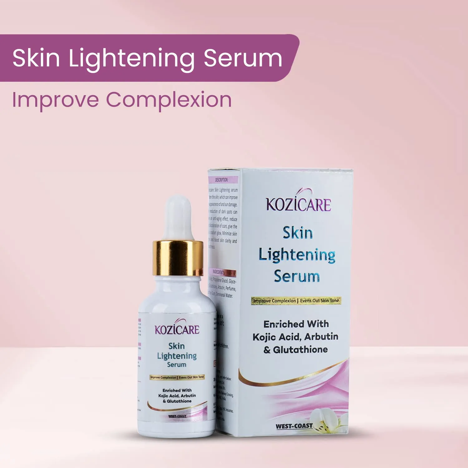 Kozicare Skin Lightening Serum Enriched With Kojic Acid, Arbutin and Glutathione | Maximum Strength Brightening for Face, Neck & Body – Dark Spots, Hyperpigmentation - 30ml (Pack of 100)
