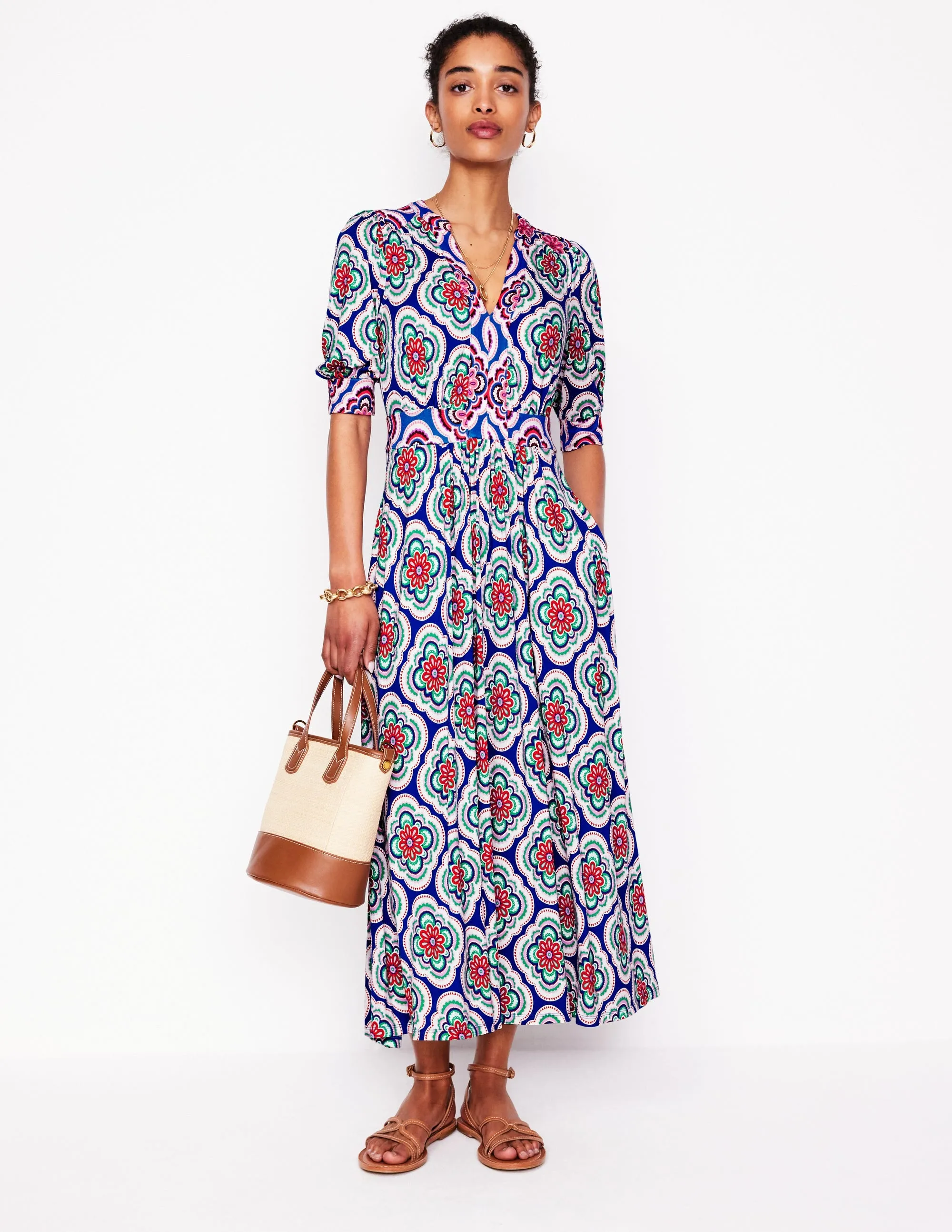 Lily Jersey Midi Tea Dress-Bright Blue, Botanic Blush