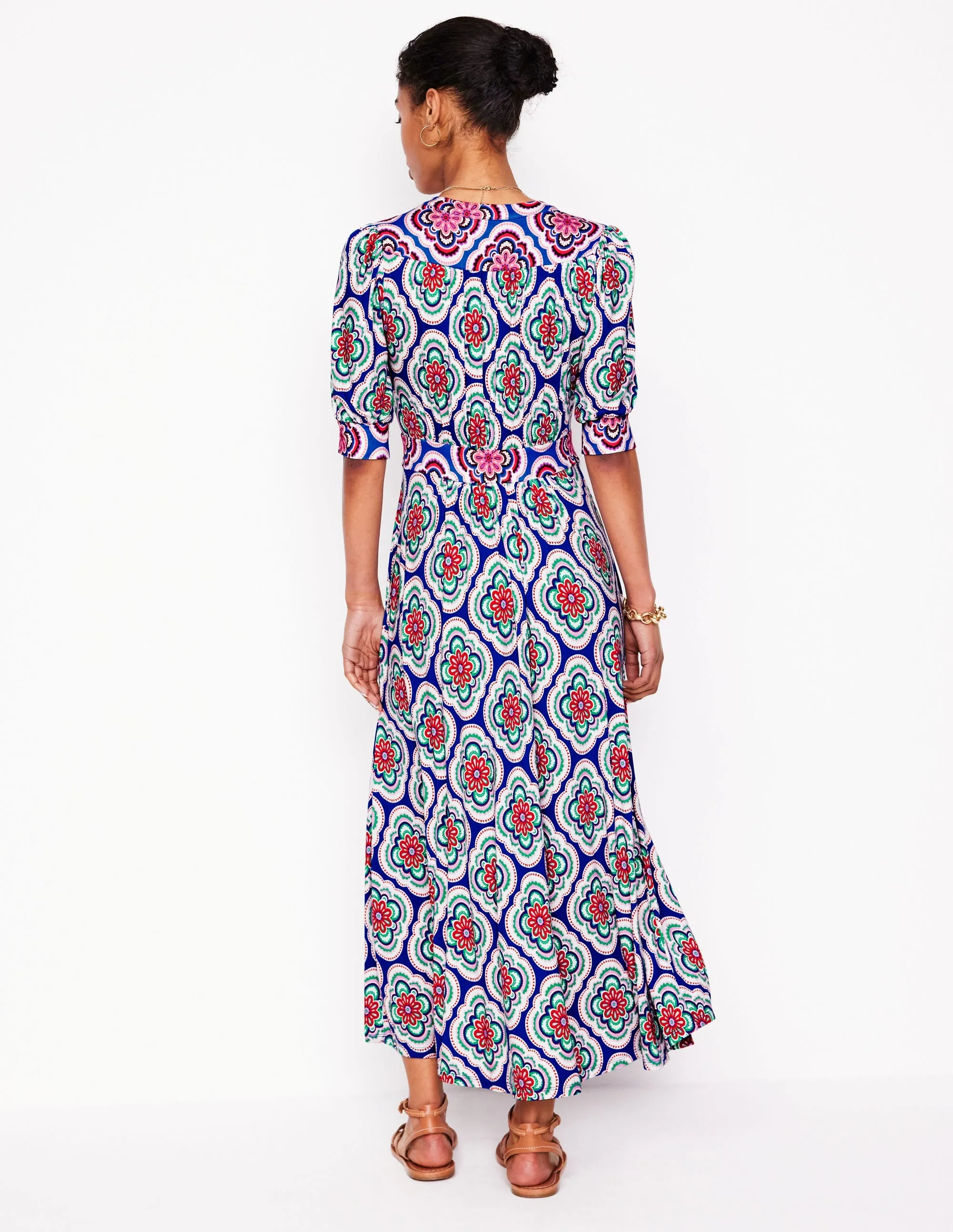 Lily Jersey Midi Tea Dress-Bright Blue, Botanic Blush