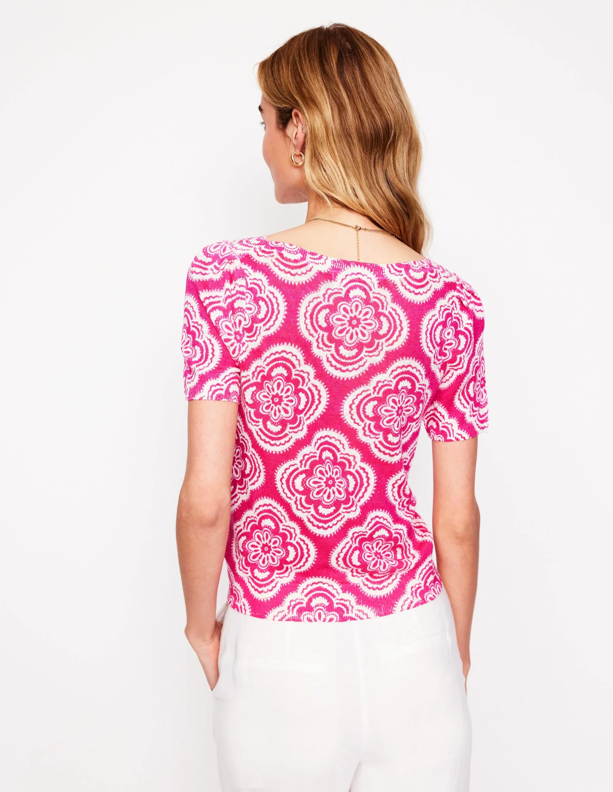 Liv Boat Neck Linen T-Shirt-Pink Peony, Botanic Blush