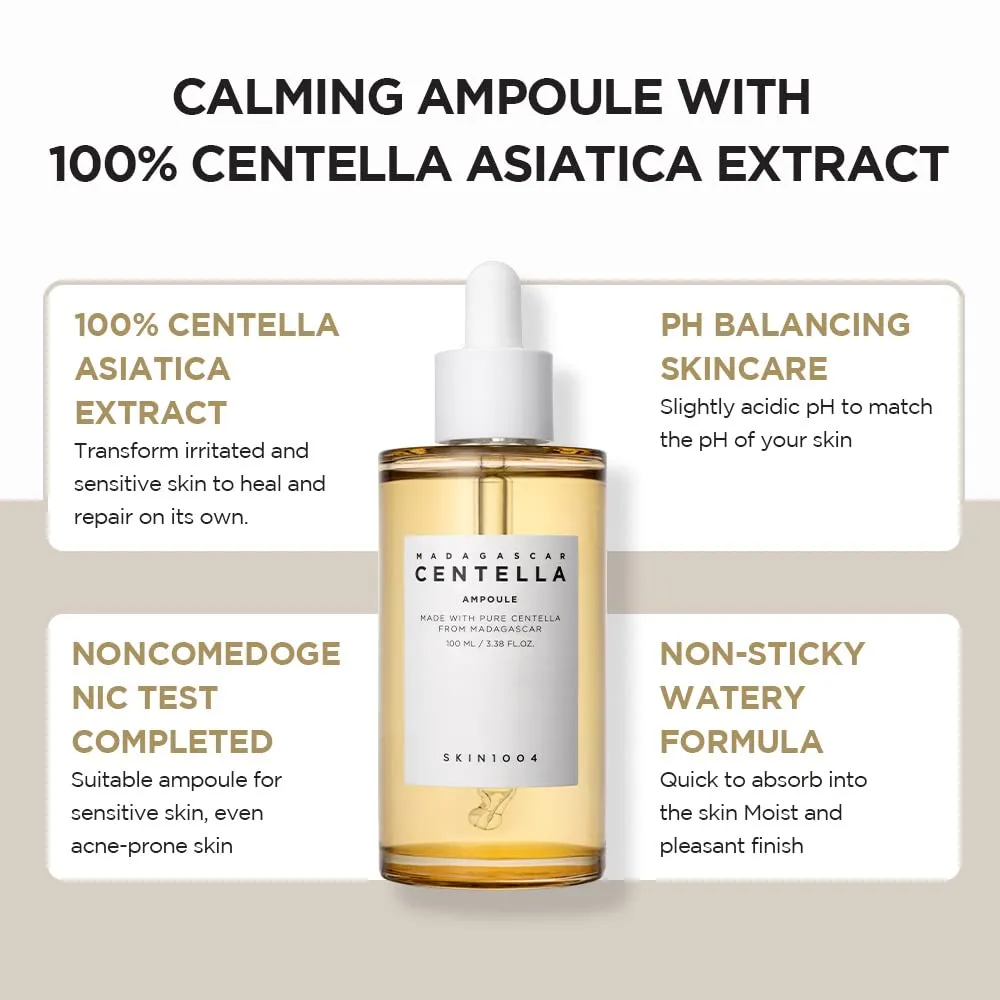 Madagascar Centella Asiatica Ampoule Facial Serum 1.85 fl.oz, 55ml, 100% Centella Asiatica Extract Soothes Acne Prone and Sensitive Skin