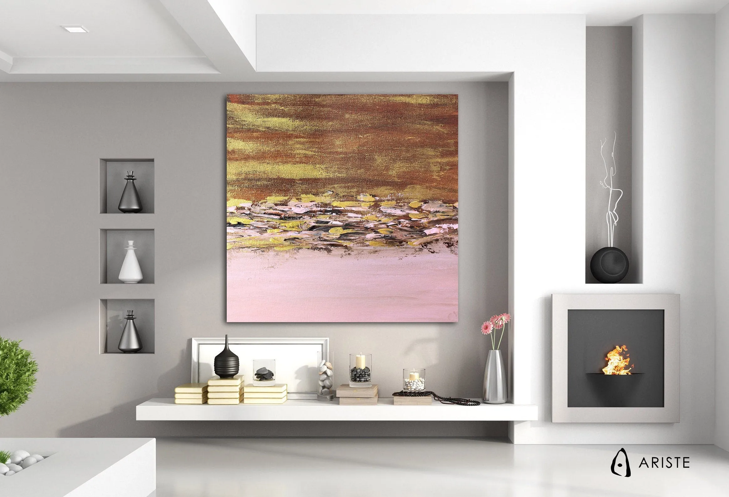 Pink, brown & gold extra large color field paintings made to order in a custom size
