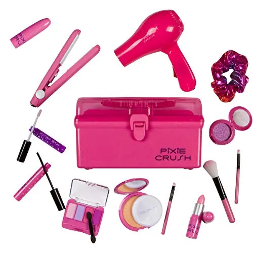 PixieCrush Kids Makeup Kit for Girls with Pretend Hair Dryer and Flat Iron