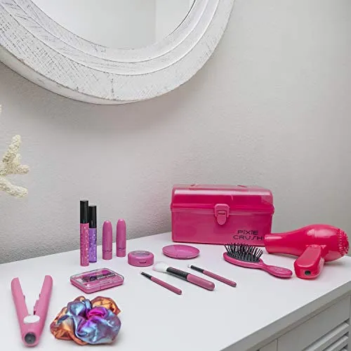 PixieCrush Kids Makeup Kit for Girls with Pretend Hair Dryer and Flat Iron