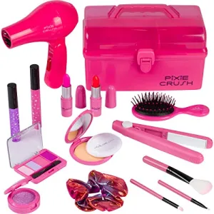 PixieCrush Kids Makeup Kit for Girls with Pretend Hair Dryer and Flat Iron