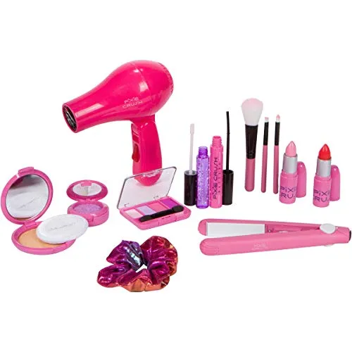 PixieCrush Kids Makeup Kit for Girls with Pretend Hair Dryer and Flat Iron