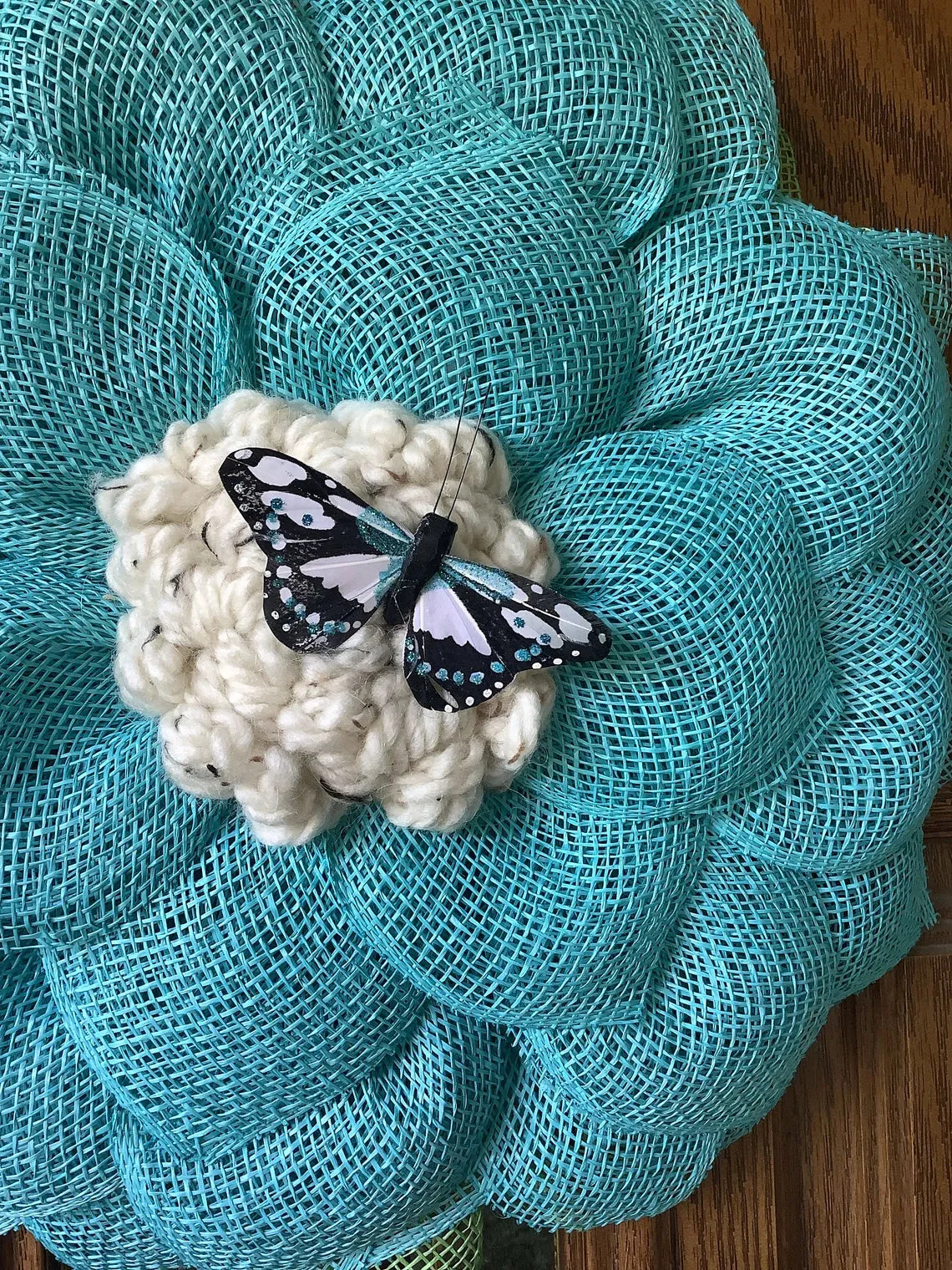 Turquoise Blue Mesh Flower Wreath for Front Door with Butterfly