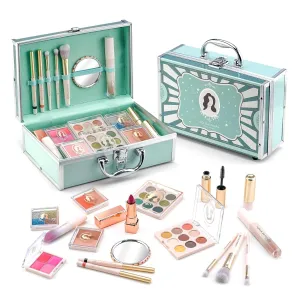 Ultimate Non-Toxic Kids Makeup Set - 18 Eyeshadow Colors & Accessories in Green Train Case