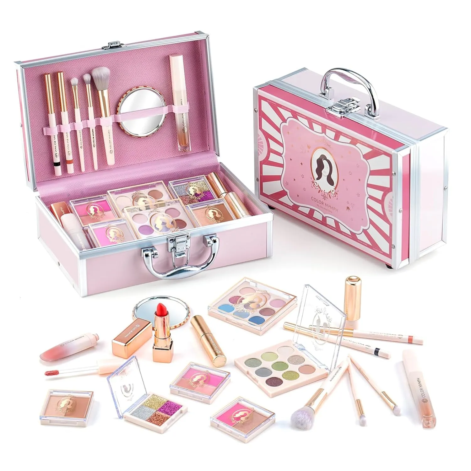 Ultimate Non-Toxic Kids Makeup Set - 18 Eyeshadow Colors & Accessories in Green Train Case