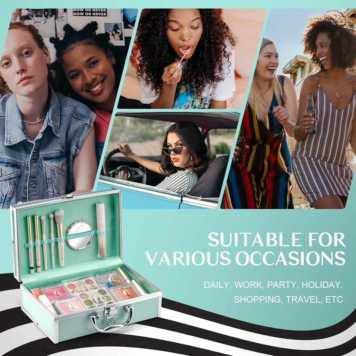 Ultimate Non-Toxic Kids Makeup Set - 18 Eyeshadow Colors & Accessories in Green Train Case