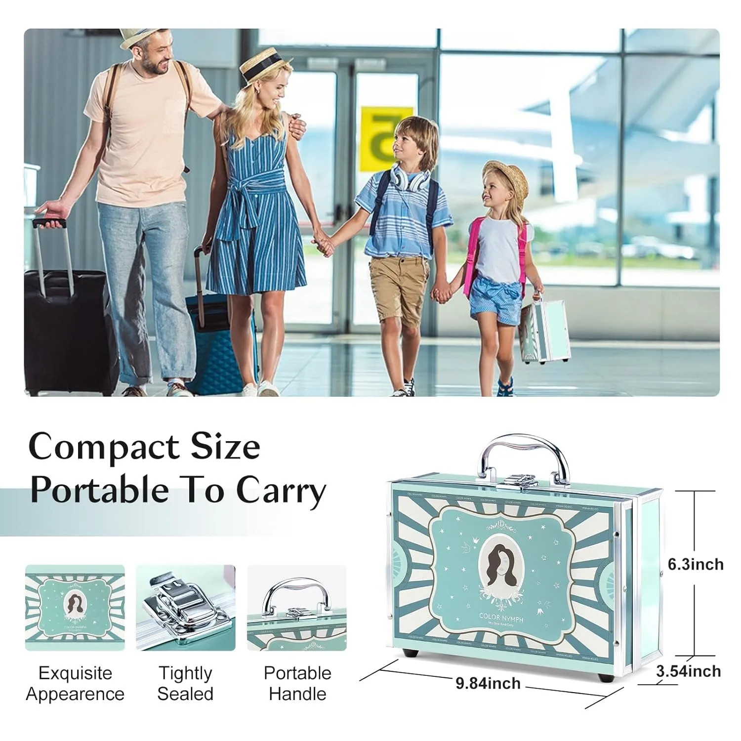 Ultimate Non-Toxic Kids Makeup Set - 18 Eyeshadow Colors & Accessories in Green Train Case
